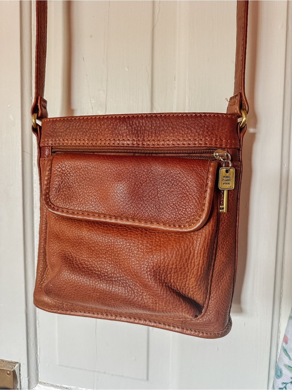 Fossil Cognac Brown Leather Crossbody Bag with Front Pocket